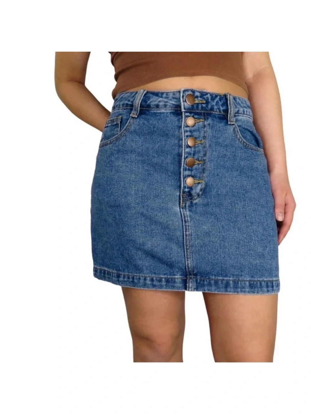 Forever 21 Blue Denim Mini Skirt with Rainbow Pocket Trim Sz Small
